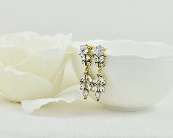 Antique Gold Earrings, Clear Crystal Bridesmaids Chandelier Stud Earrings, Antique Gold Modern Jewellery, Leaf Drop Dangle Stud Earrings - Image 7