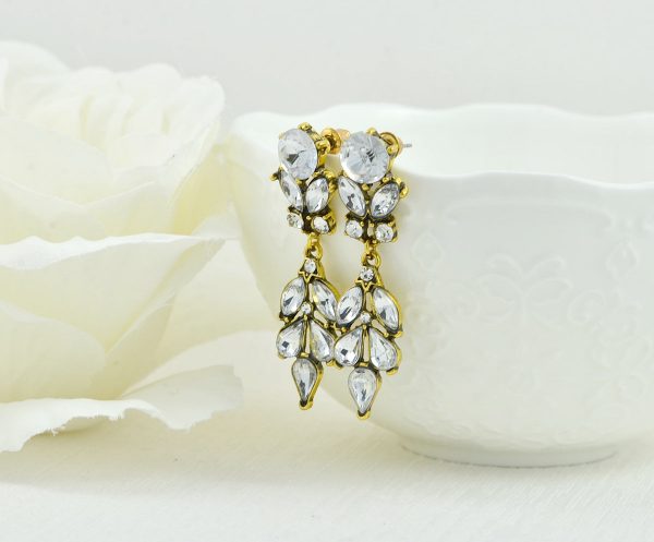 Antique Gold Earrings, Clear Crystal Bridesmaids Chandelier Stud Earrings, Antique Gold Modern Jewellery, Leaf Drop Dangle Stud Earrings - Image 8