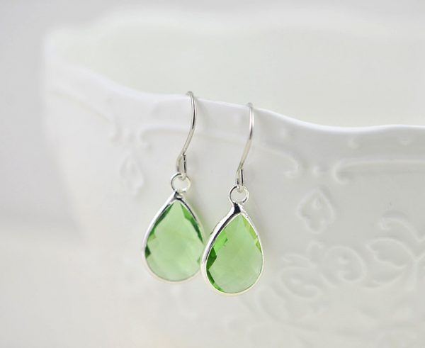 Bridesmaids Drop Light Green Necklace, Emerald Crystal Jewellery Set, Green Teardrop Earrings, Green Bridal Drop Set, Silver Jewelry Set - Image 2