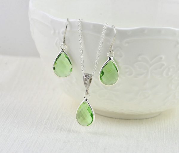 Bridesmaids Drop Light Green Necklace, Emerald Crystal Jewellery Set, Green Teardrop Earrings, Green Bridal Drop Set, Silver Jewelry Set - Image 5