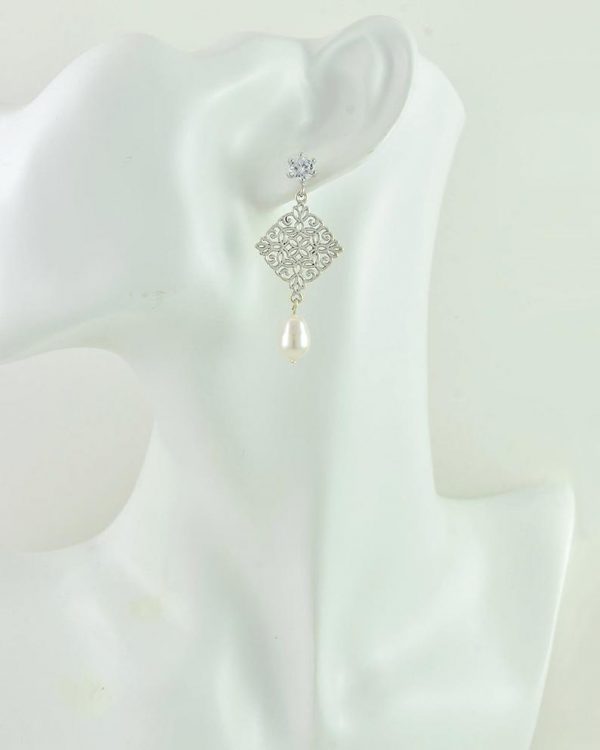 Swarovski Wedding Pearl Drop Silver Earrings - Bridesmaids, Cubic Zirconia, Mesh
