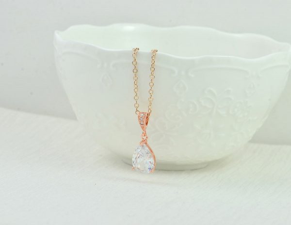 Rose Gold Crystal Drop Bridal Necklace, Bridesmaids Cubic Zirconia Teardrop Necklace, Simple Wedding Necklace Jewelry, Flower Girl Gift