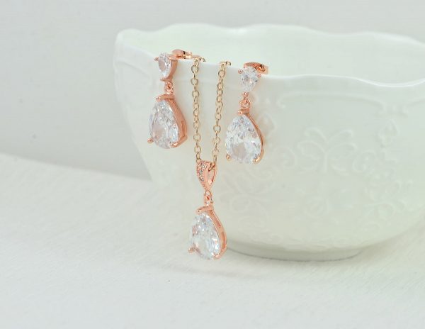 Rose Gold Crystal Drop Bridal Necklace, Bridesmaids Cubic Zirconia Teardrop Necklace, Simple Wedding Necklace Jewelry, Flower Girl Gift - Image 2