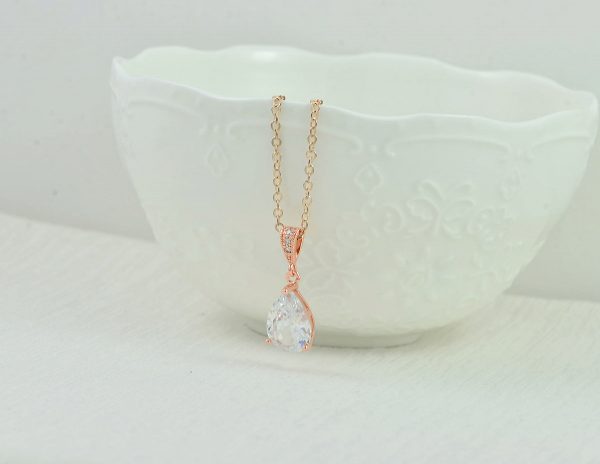 Rose Gold Crystal Drop Bridal Necklace, Bridesmaids Cubic Zirconia Teardrop Necklace, Simple Wedding Necklace Jewelry, Flower Girl Gift - Image 3