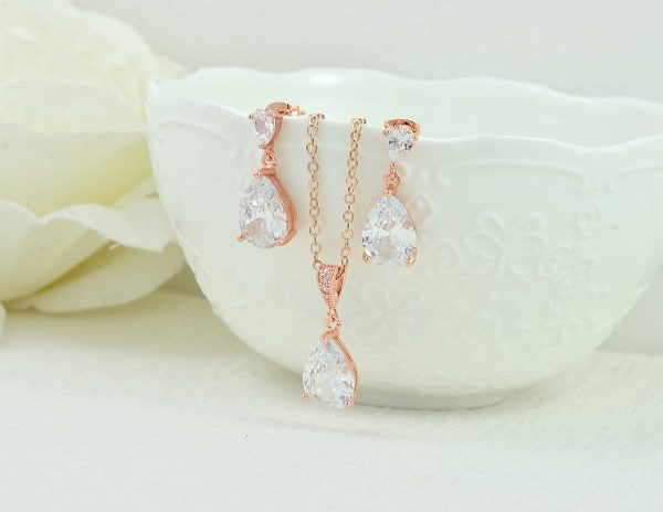 Rose Gold Crystal Drop Bridal Necklace, Bridesmaids Cubic Zirconia Teardrop Necklace, Simple Wedding Necklace Jewelry, Flower Girl Gift - Image 5