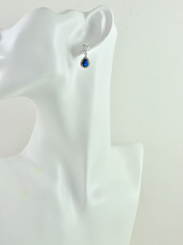 Silver Bridal Dainty Sapphire Crystal Earrings, Bridesmaids Cubic Zirconia Teardrop Wedding Jewellery, Silver Classic Dainty Stud Earrings - Image 3