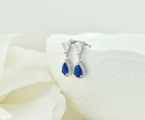 Silver Bridal Dainty Sapphire Crystal Earrings, Bridesmaids Cubic Zirconia Teardrop Wedding Jewellery, Silver Classic Dainty Stud Earrings - Image 5