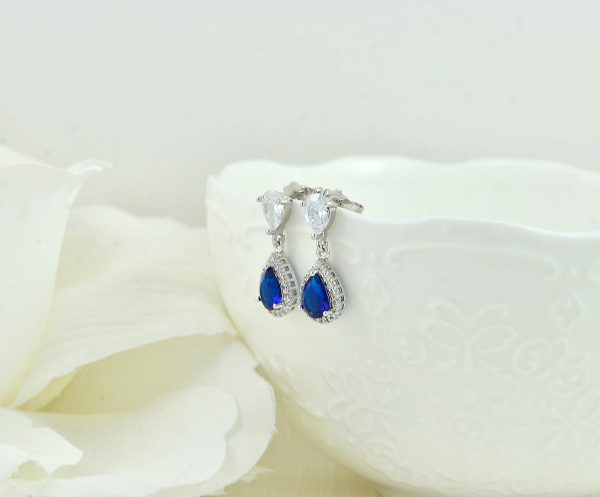 Silver Bridal Dainty Sapphire Crystal Earrings, Bridesmaids Cubic Zirconia Teardrop Wedding Jewellery, Silver Classic Dainty Stud Earrings - Image 7