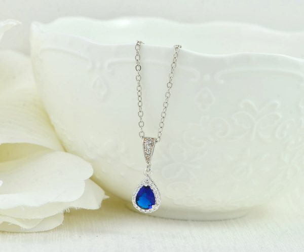 Silver Bridal Sapphire Crystal Drop Necklace, Sapphire Cubic Zirconia Teardrop Bridesmaids Wedding Necklace Jewellery, Mother of the bride