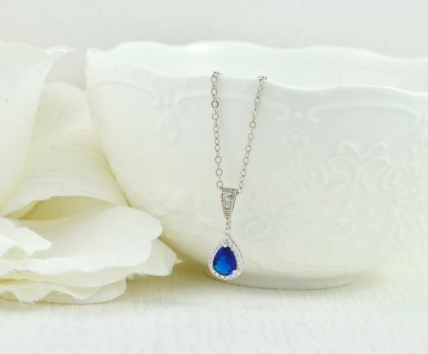 Silver Bridal Sapphire Crystal Drop Necklace, Sapphire Cubic Zirconia Teardrop Bridesmaids Wedding Necklace Jewellery, Mother of the bride - Image 2