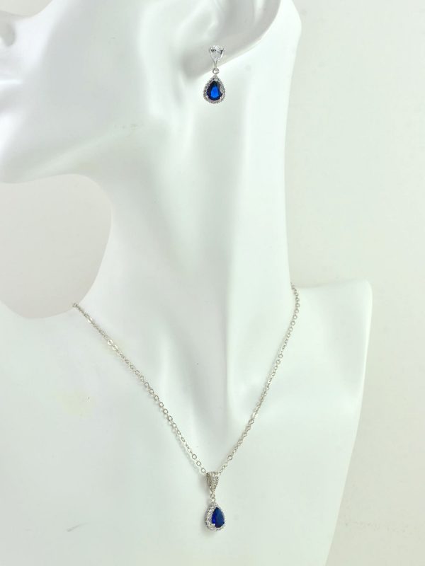 Silver Bridal Sapphire Crystal Drop Necklace, Sapphire Cubic Zirconia Teardrop Bridesmaids Wedding Necklace Jewellery, Mother of the bride - Image 3