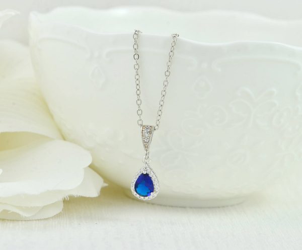 Silver Bridal Sapphire Crystal Drop Necklace, Sapphire Cubic Zirconia Teardrop Bridesmaids Wedding Necklace Jewellery, Mother of the bride - Image 4