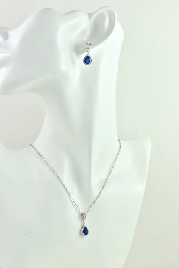 Silver Bridal Sapphire Crystal Drop Necklace, Sapphire Cubic Zirconia Teardrop Bridesmaids Wedding Necklace Jewellery, Mother of the bride - Image 5