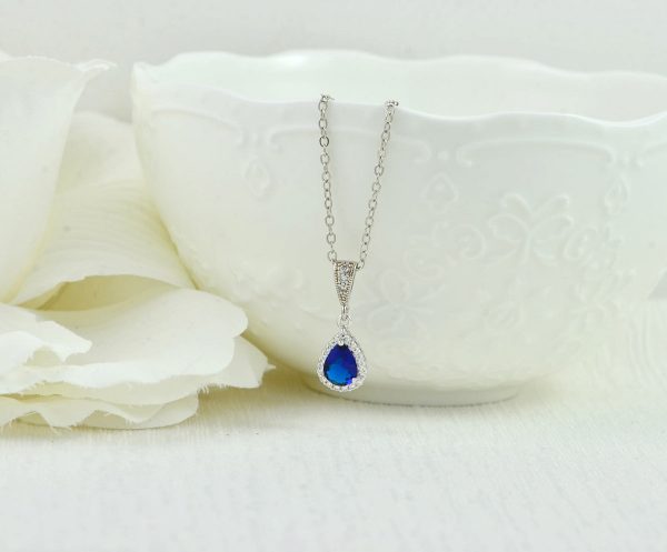 Silver Bridal Sapphire Crystal Drop Necklace, Sapphire Cubic Zirconia Teardrop Bridesmaids Wedding Necklace Jewellery, Mother of the bride - Image 6