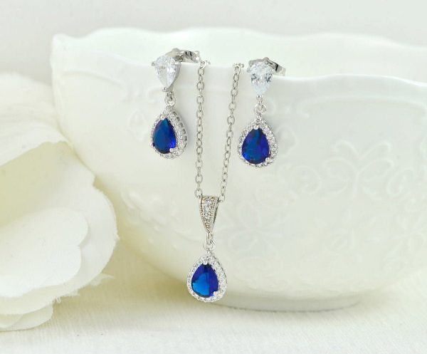 Silver Bridal Sapphire Cubic Zirconia Crystal Jewellery Set, Blue Jewelry set, Blue earrings, Sapphire Bridal Wedding Jewelry Set