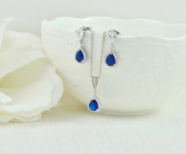Silver Bridal Sapphire Cubic Zirconia Crystal Jewellery Set, Blue Jewelry set, Blue earrings, Sapphire Bridal Wedding Jewelry Set - Image 2