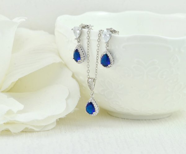Silver Bridal Sapphire Cubic Zirconia Crystal Jewellery Set, Blue Jewelry set, Blue earrings, Sapphire Bridal Wedding Jewelry Set - Image 8