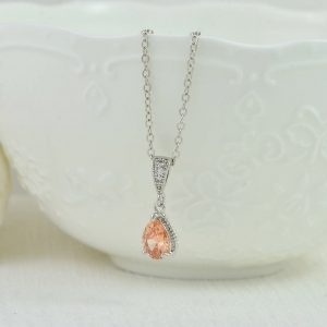 Silver Crystal Drop Bridal Peach Necklace, Champagne Cubic Zirconia Teardrop Bridesmaids Wedding Necklace Jewellery, Mother of the bride