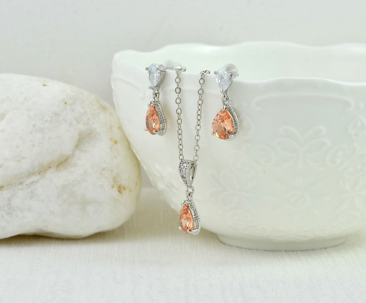 Bridal Light Peach Necklace - Cubic Zirconia, Wedding, Teardrop Flower Pendant Necklace 13