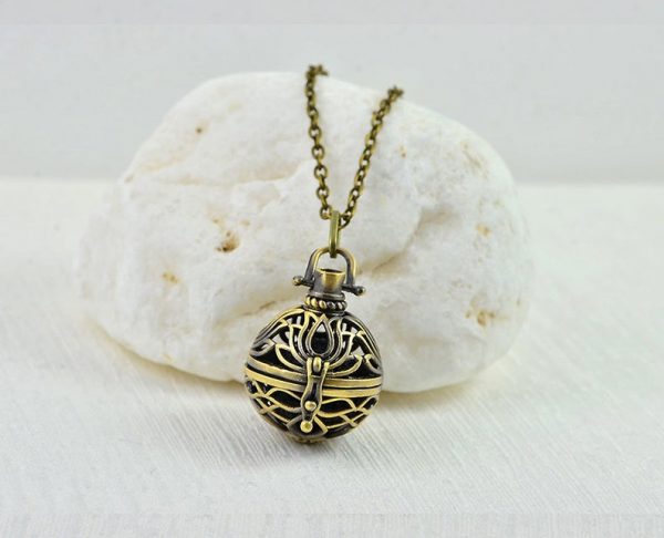 Bronze Aromatherapy Diffuser Necklace for Essential Oils, Lava Stones, Locket Pendant, Filigree