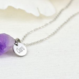 Amethyst Personalised Name Necklace, Silver Engraved Name Necklace, Initials Personalised Charm Gemstone Pendant Customised Silver Necklace