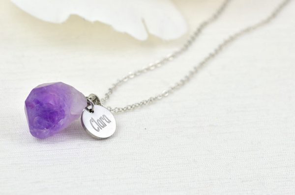 Amethyst Personalised Name Necklace, Silver Engraved Name Necklace, Initials Personalised Charm Gemstone Pendant Customised Silver Necklace 1