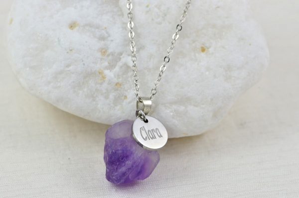 Amethyst Personalised Name Necklace, Silver Engraved Name Necklace, Initials Personalised Charm Gemstone Pendant Customised Silver Necklace 52