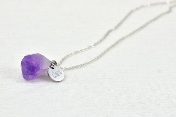 Amethyst Personalised Name Necklace, Silver Engraved Name Necklace, Initials Personalised Charm Gemstone Pendant Customised Silver Necklace 54