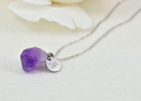 Amethyst Personalised Name Necklace, Silver Engraved Name Necklace, Initials Personalised Charm Gemstone Pendant Customised Silver Necklace 55