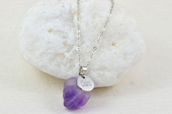 Amethyst Personalised Name Necklace, Silver Engraved Name Necklace, Initials Personalised Charm Gemstone Pendant Customised Silver Necklace 56