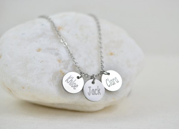 Custom Silver Name Necklace, Initials Engraved Dainty Necklace, Name Personalised Round Charm Tag Necklace, Customised Silver Necklace 55