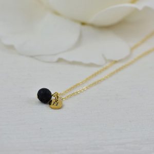 Dainty Gold Lava Stone Necklace, Personalised Aromatherapy Diffuser Necklace for Essential Oils, Engraved Initial Necklace, Silver Necklace 52