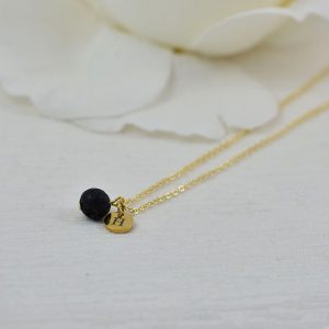 Dainty Gold Lava Stone Necklace, Personalised Aromatherapy Diffuser Necklace for Essential Oils, Engraved Initial Necklace, Silver Necklace 24