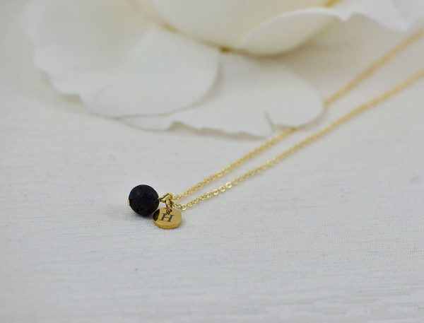 Dainty Gold Lava Stone Necklace, Personalised Aromatherapy Diffuser Necklace for Essential Oils, Engraved Initial Necklace, Silver Necklace 51