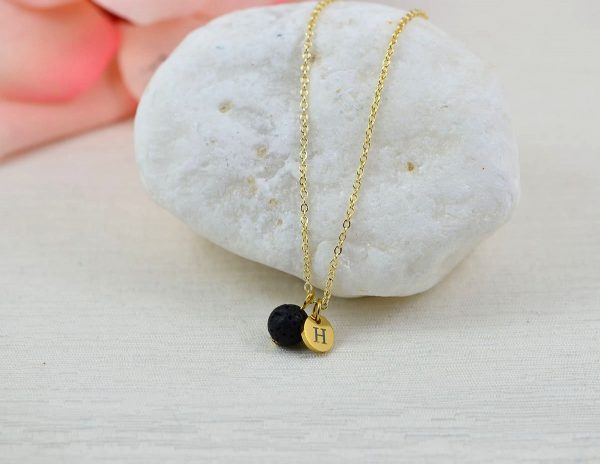 Dainty Gold Lava Stone Necklace, Personalised Aromatherapy Diffuser Necklace for Essential Oils, Engraved Initial Necklace, Silver Necklace 52