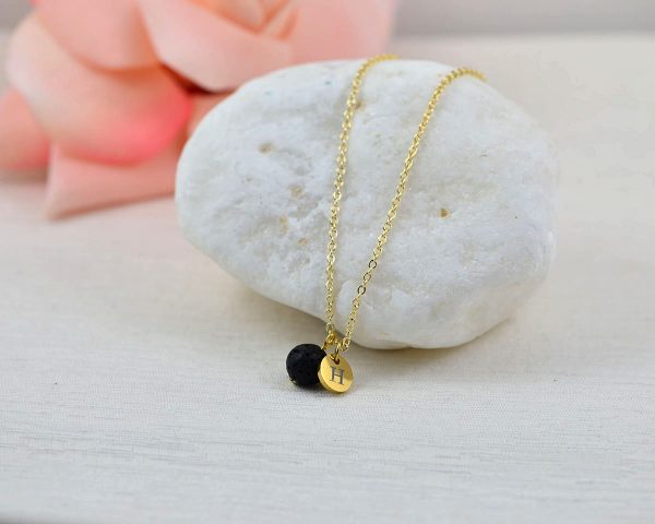 Dainty Gold Lava Stone Necklace, Personalised Aromatherapy Diffuser Necklace for Essential Oils, Engraved Initial Necklace, Silver Necklace 3
