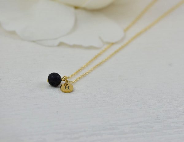 Dainty Gold Lava Stone Necklace, Personalised Aromatherapy Diffuser Necklace for Essential Oils, Engraved Initial Necklace, Silver Necklace 54