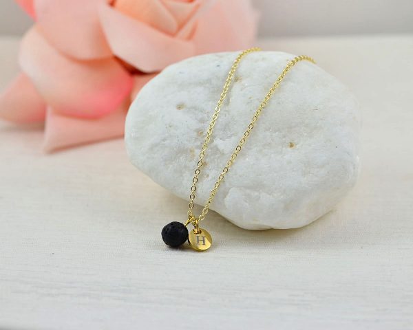Dainty Gold Lava Stone Necklace, Personalised Aromatherapy Diffuser Necklace for Essential Oils, Engraved Initial Necklace, Silver Necklace 55
