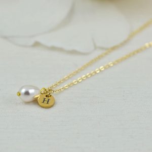 Dainty Gold Pearl Drop Necklace, Initial Personalised Charm Necklace, Bridesmaids Wedding Necklace, Engraved Initial Gold Pearl Necklace 53