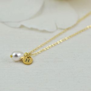Dainty Gold Pearl Drop Necklace, Initial Personalised Charm Necklace, Bridesmaids Wedding Necklace, Engraved Initial Gold Pearl Necklace