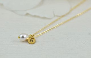 Dainty Gold Pearl Drop Necklace, Initial Personalised Charm Necklace, Bridesmaids Wedding Necklace, Engraved Initial Gold Pearl Necklace 17