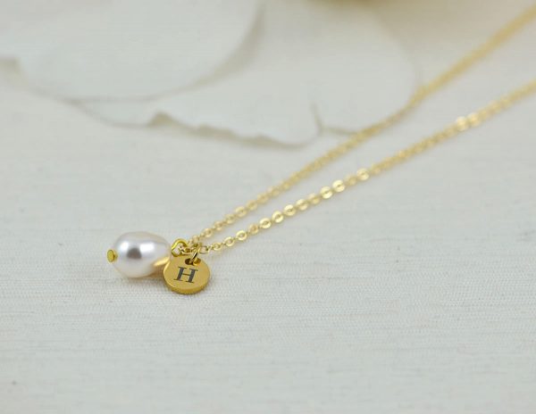 Dainty Gold Pearl Drop Necklace, Initial Personalised Charm Necklace, Bridesmaids Wedding Necklace, Engraved Initial Gold Pearl Necklace 51
