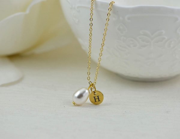 Dainty Gold Pearl Drop Necklace, Initial Personalised Charm Necklace, Bridesmaids Wedding Necklace, Engraved Initial Gold Pearl Necklace 3