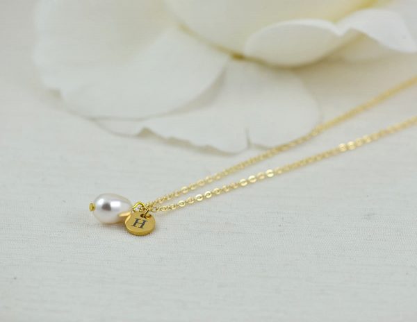 Dainty Gold Pearl Drop Necklace, Initial Personalised Charm Necklace, Bridesmaids Wedding Necklace, Engraved Initial Gold Pearl Necklace 54