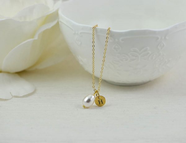 Dainty Gold Pearl Drop Necklace, Initial Personalised Charm Necklace, Bridesmaids Wedding Necklace, Engraved Initial Gold Pearl Necklace 55