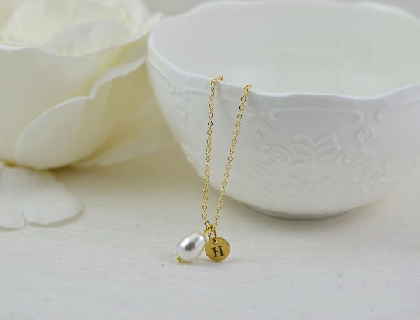 Dainty Gold Pearl Drop Necklace, Initial Personalised Charm Necklace, Bridesmaids Wedding Necklace, Engraved Initial Gold Pearl Necklace 6