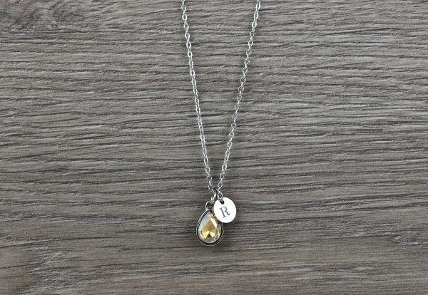 Dainty Silver Initials Champagne Necklace, Personalised Crystal Charm Necklace, Bridesmaids Wedding Engraved Initial Silver Drop Necklace 53