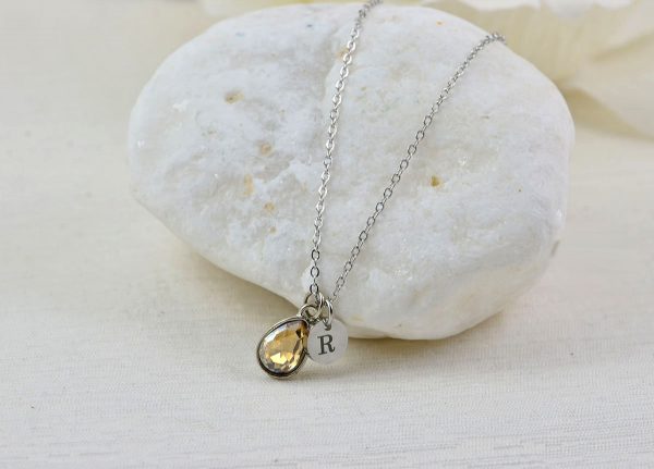 Dainty Silver Initials Champagne Necklace, Personalised Crystal Charm Necklace, Bridesmaids Wedding Engraved Initial Silver Drop Necklace 4
