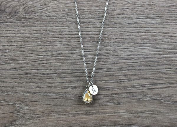 Dainty Silver Initials Champagne Necklace, Personalised Crystal Charm Necklace, Bridesmaids Wedding Engraved Initial Silver Drop Necklace 55