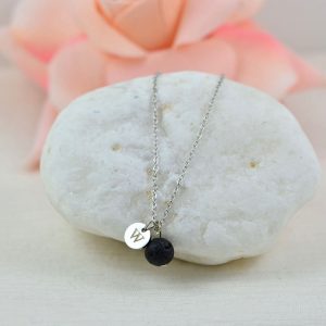 Dainty Silver Lava Stone Necklace, Aromatherapy Diffuser Personalised Necklace for Essential Oils, Engraved Initial Silver Necklace 51